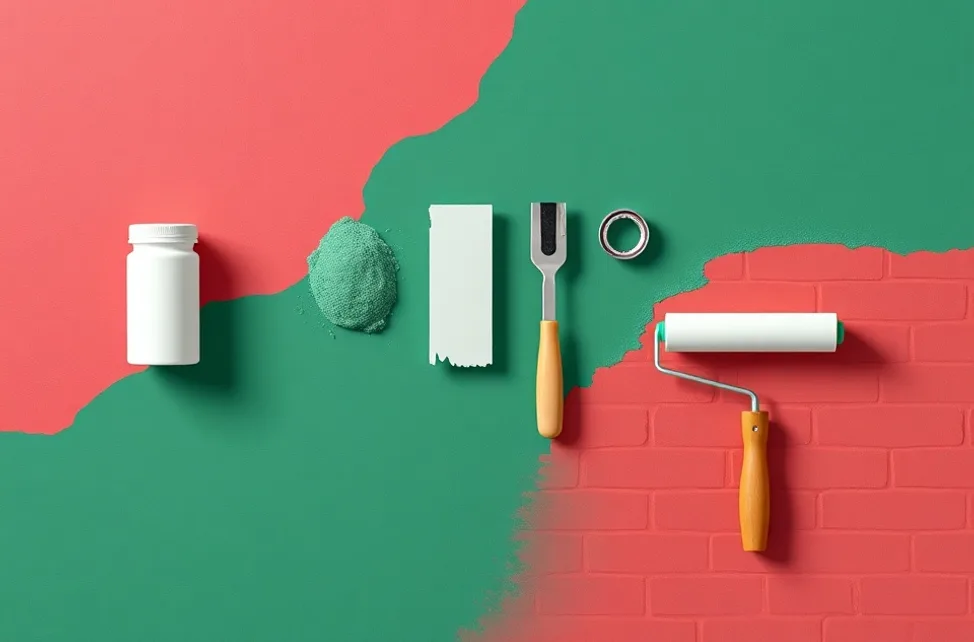 Outils de peinture disposés dans l'ordre des étapes du chantier