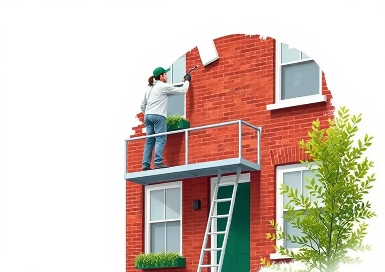 Peintre sur échafaudage traitant la façade d'une maison