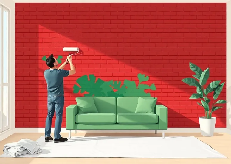 Peintre appliquant la peinture au rouleau sur un mur de salon
